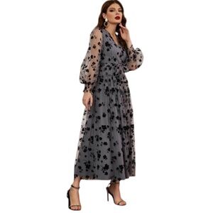 Shein Grey Floral Mesh V-neck Dress Size XL/12